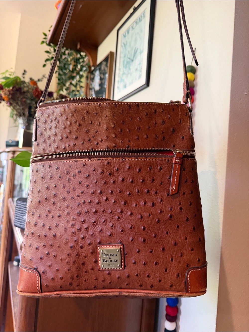 Dooney & Bourke Chestnut Brown Ostrich-Embossed Crossbody Bag